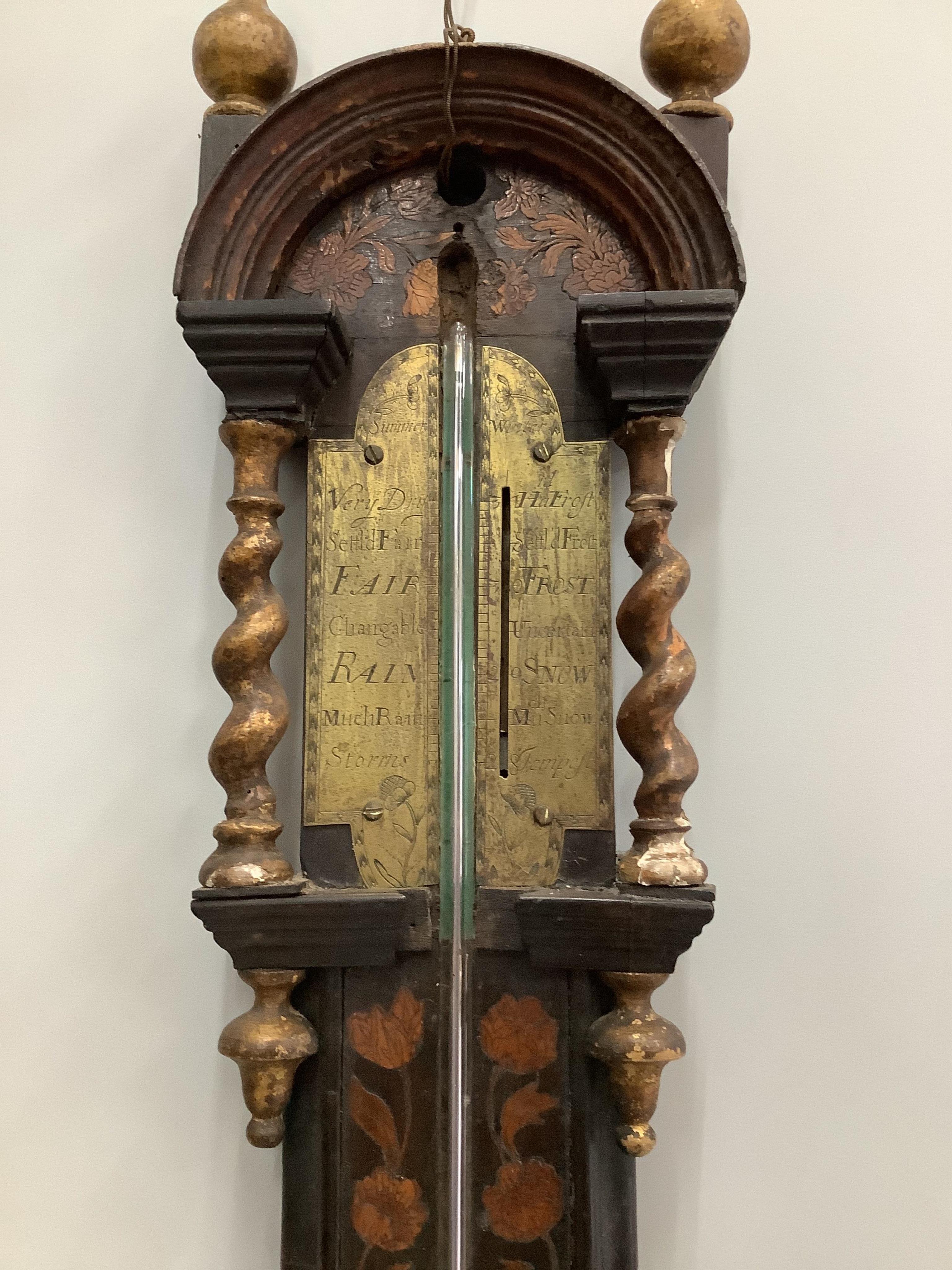 A 19th century Dutch floral marquetry inlaid stick barometer, height 110cm
